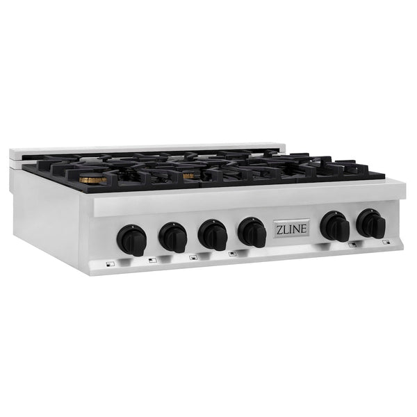 ZLINE Autograph Edition 36 in. Legacy Gas Rangetop with 6 Burners and Porcelain Cooktop in Stainless Steel with Matte Black Accents, Open Box-Good Condition
