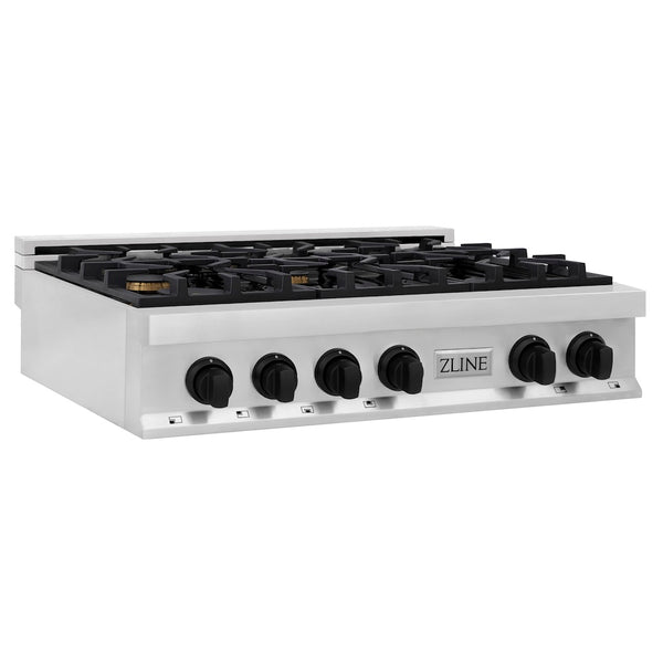 ZLINE Autograph Edition 36 in. Legacy Gas Rangetop with 6 Burners and Porcelain Cooktop in Stainless Steel with Matte Black Accents, Open Box-Great Condition