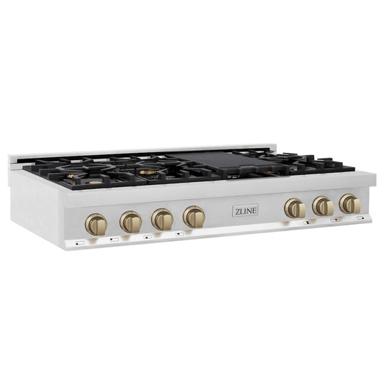 ZLINE Autograph Edition 48 in. Legacy Gas Rangetop with 7 Burners and Porcelain Cooktop in Stainless Steel with Champagne Bronze Accents (RTZ-48-CB)