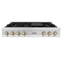 ZLINE Autograph Edition 48 in. Legacy Gas Rangetop with 7 Burners and Porcelain Cooktop in Stainless Steel with Polished Gold Accents, Open Box-Good Condition