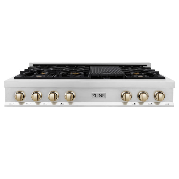 ZLINE Autograph Edition 48 in. Legacy Gas Rangetop with 7 Burners and Porcelain Cooktop in Stainless Steel with Polished Gold Accents, Open Box-Good Condition