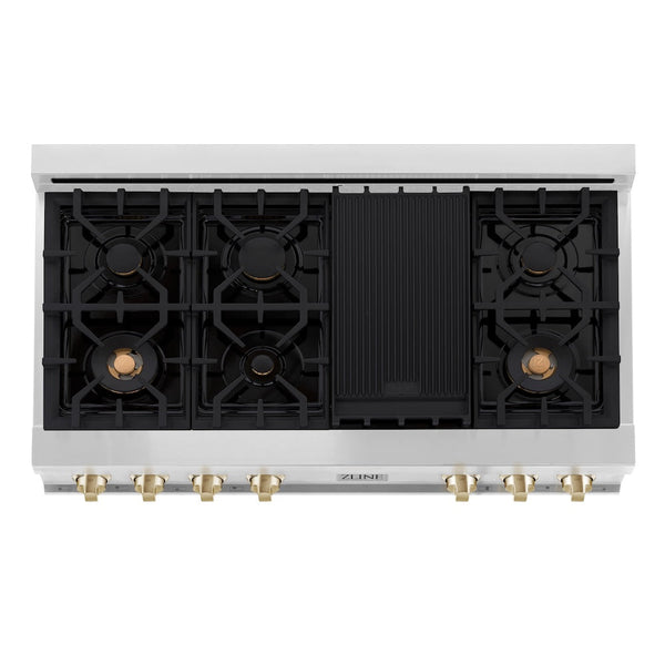 ZLINE Autograph Edition 48 in. Legacy Gas Rangetop with 7 Burners and Porcelain Cooktop in Stainless Steel with Polished Gold Accents, Open Box-Good Condition