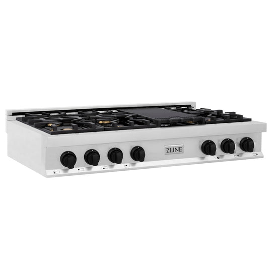 ZLINE Autograph Edition 48 in. Legacy Gas Rangetop with 7 Burners and Porcelain Cooktop in Stainless Steel with Matte Black Accents, Open Box-Great Condition