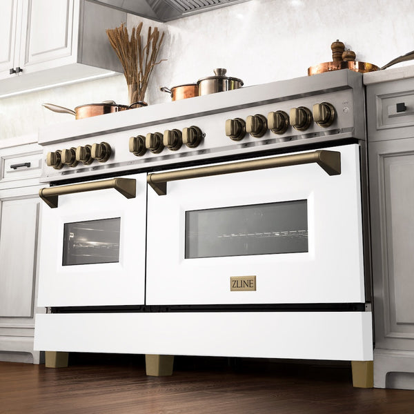 ZLINE Autograph Edition 60 in. 7.4 cu. ft. Legacy Dual Fuel Range with 9 Burner Gas Cooktop and 2 Electric Convection Ovens in Stainless Steel with White Matte Doors and Champagne Bronze Accents, Open Box-Good Condition