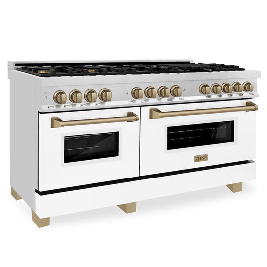 ZLINE Autograph Edition 60 in. 7.4 cu. ft. Legacy Dual Fuel Range with 9 Burner Gas Cooktop and 2 Electric Convection Ovens in Stainless Steel with White Matte Doors and Champagne Bronze Accents, Open Box-Great Condition