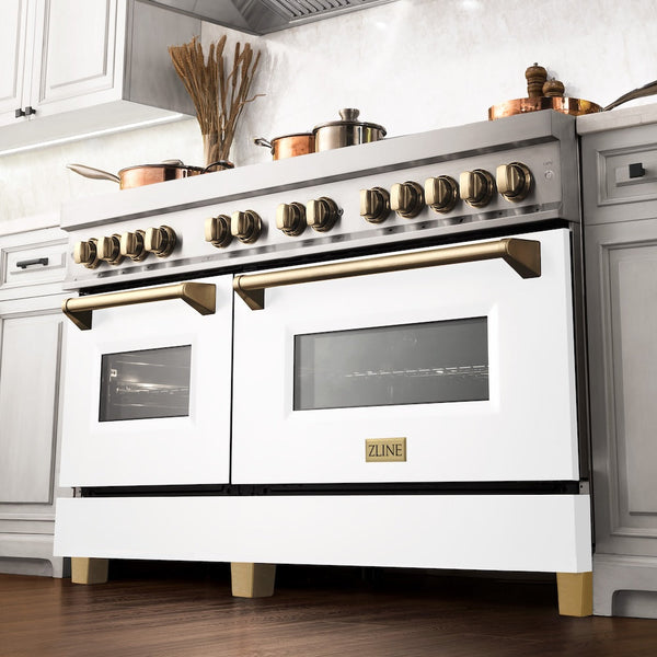 ZLINE Autograph Edition 60 in. 7.4 cu. ft. Legacy Dual Fuel Range with 9 Burner Gas Cooktop and 2 Electric Convection Ovens in Stainless Steel with White Matte Doors and Polished Gold Accents, Open Box-Good Condition