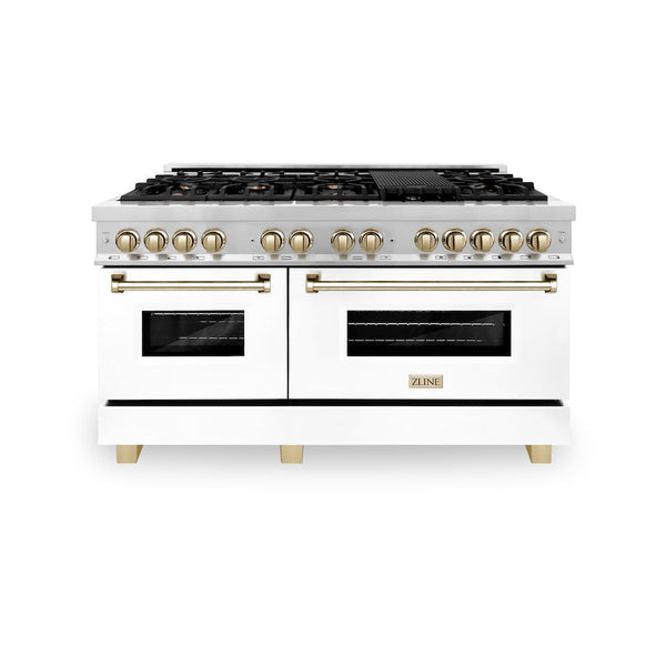ZLINE Autograph Edition 60 in. 7.4 cu. ft. Legacy Dual Fuel Range with 9 Burner Gas Cooktop and 2 Electric Convection Ovens in Stainless Steel with White Matte Doors and Polished Gold Accents, Open Box-Good Condition