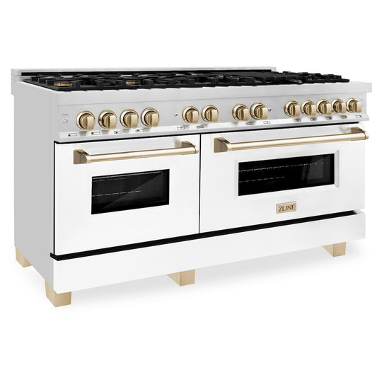ZLINE Autograph Edition 60 in. 7.4 cu. ft. Legacy Dual Fuel Range with 9 Burner Gas Cooktop and 2 Electric Convection Ovens in Stainless Steel with White Matte Doors and Polished Gold Accents, Open Box-Great Condition