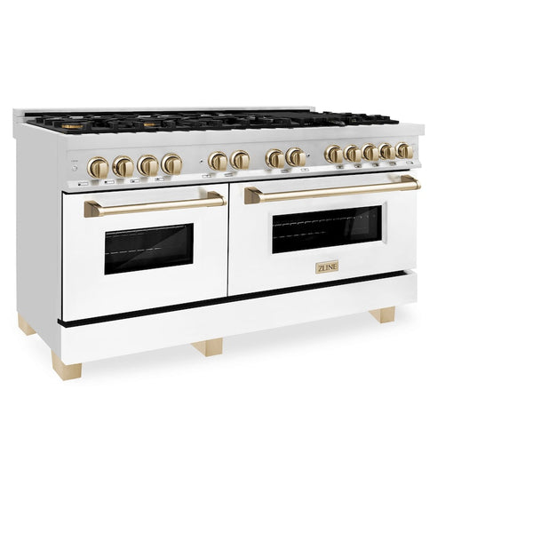 ZLINE Autograph Edition 60 in. 7.4 cu. ft. Legacy Dual Fuel Range with 9 Burner Gas Cooktop and 2 Electric Convection Ovens in Stainless Steel with White Matte Doors and Polished Gold Accents, Open Box-Good Condition