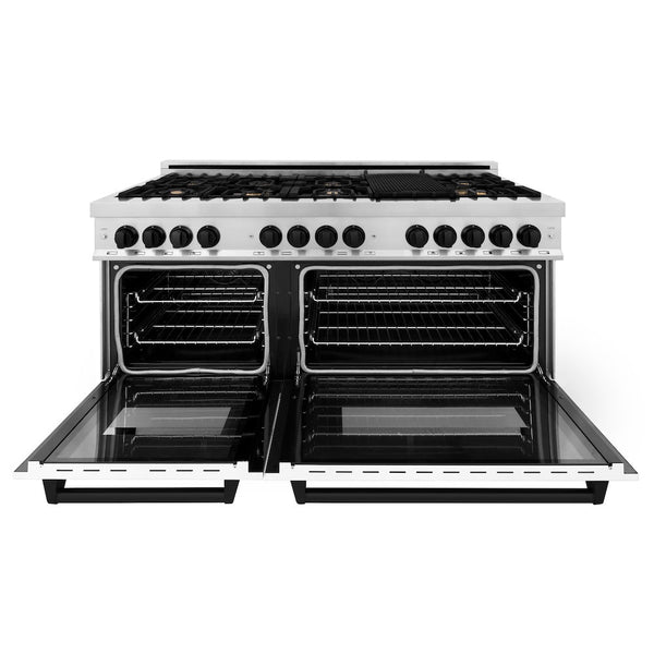 ZLINE Autograph Edition 60 in. 7.4 cu. ft. Legacy Dual Fuel Range with 9 Burner Gas Cooktop and 2 Electric Convection Ovens in Stainless Steel with White Matte Doors and Matte Black Accents, Open Box-Good Condition