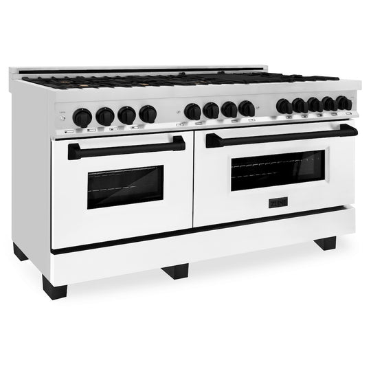 ZLINE Autograph Edition 60 in. 7.4 cu. ft. Legacy Dual Fuel Range with 9 Burner Gas Cooktop and 2 Electric Convection Ovens in Stainless Steel with White Matte Doors and Matte Black Accents, Open Box-Great Condition