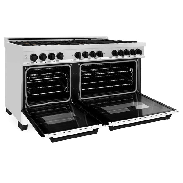 ZLINE Autograph Edition 60 in. 7.4 cu. ft. Legacy Dual Fuel Range with 9 Burner Gas Cooktop and 2 Electric Convection Ovens in Stainless Steel with White Matte Doors and Matte Black Accents, Open Box-Good Condition