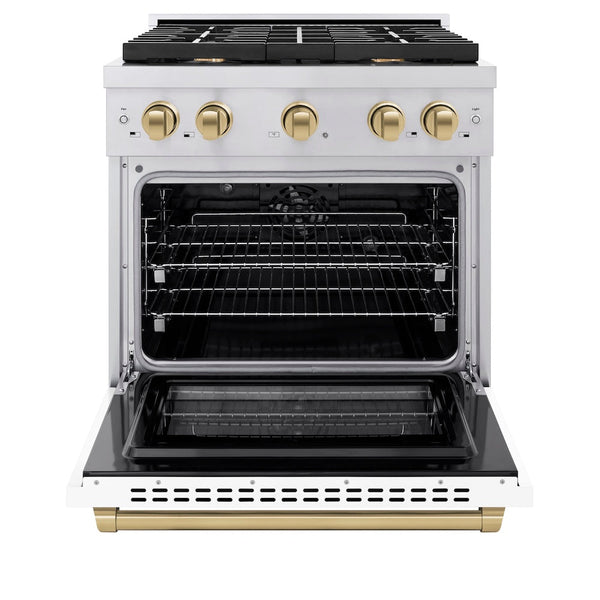 ZLINE Autograph Edition 30 in. 4.2 cu. ft. Paramount Dual Fuel Range with 4 Burner Gas Cooktop and Electric Convection Oven in Stainless Steel with White Matte Door and Champagne Bronze Accents, Open Box-Good Condition