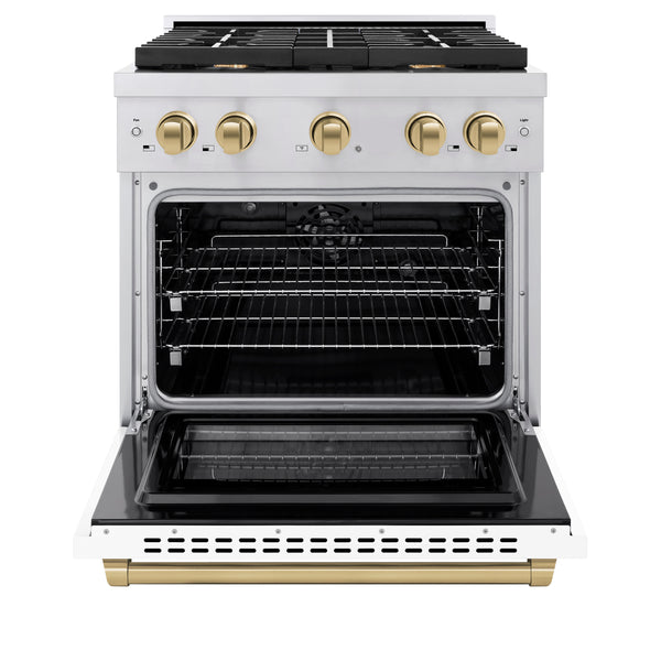 ZLINE Autograph Edition 30 in. 4.2 cu. ft. Paramount Dual Fuel Range with 4 Burner Gas Cooktop and Electric Convection Oven in Stainless Steel with White Matte Door and Champagne Bronze Accents, Open Box-Great Condition