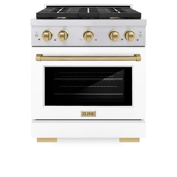 ZLINE Autograph Edition 30 in. 4.2 cu. ft. Paramount Dual Fuel Range with 4 Burner Gas Cooktop and Electric Convection Oven in Stainless Steel with White Matte Door and Champagne Bronze Accents, Open Box-Good Condition