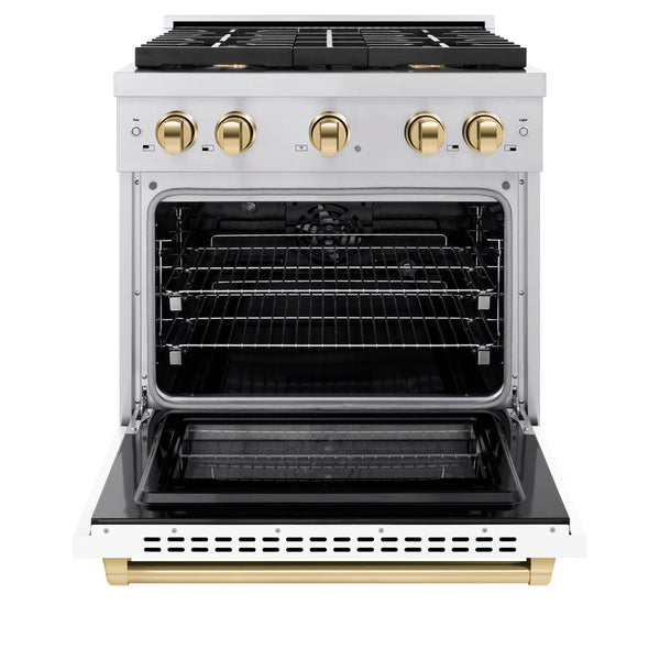 ZLINE Autograph Edition 30 in. 4.2 cu. ft. Paramount Dual Fuel Range with 4 Burner Gas Cooktop and Electric Convection Oven in Stainless Steel with White Matte Door and Polished Gold Accents (SDRZ-WM-30-G)