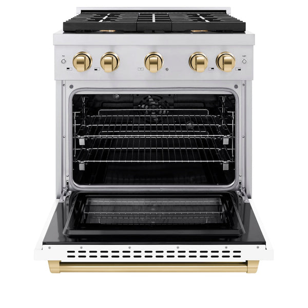 ZLINE Autograph Edition 30 in. 4.2 cu. ft. Paramount Dual Fuel Range with 4 Burner Gas Cooktop and Electric Convection Oven in Stainless Steel with White Matte Door and Polished Gold Accents, Open Box-Good Condition