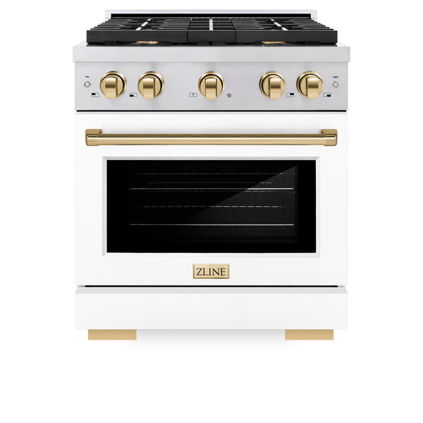 ZLINE Autograph Edition 30 in. 4.2 cu. ft. Paramount Dual Fuel Range with 4 Burner Gas Cooktop and Electric Convection Oven in Stainless Steel with White Matte Door and Polished Gold Accents (SDRZ-WM-30-G)