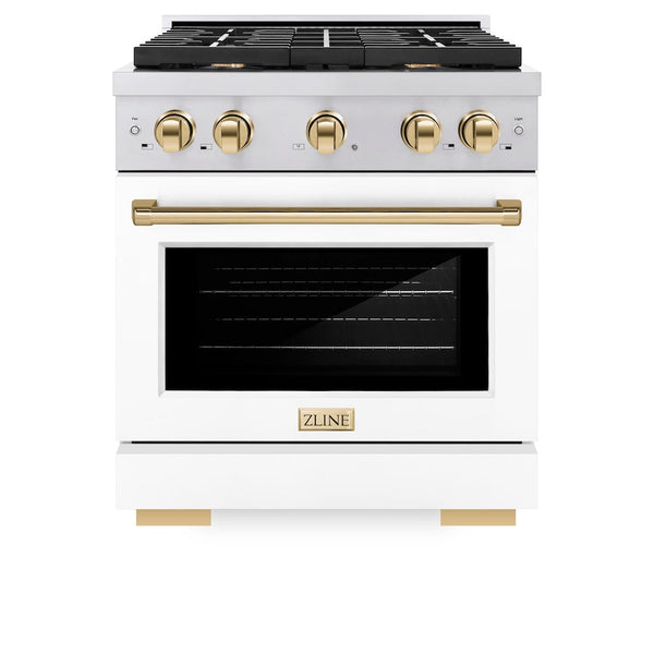 ZLINE Autograph Edition 30 in. 4.2 cu. ft. Paramount Dual Fuel Range with 4 Burner Gas Cooktop and Electric Convection Oven in Stainless Steel with White Matte Door and Polished Gold Accents, Open Box-Good Condition