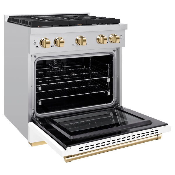 ZLINE Autograph Edition 30 in. 4.2 cu. ft. Paramount Dual Fuel Range with 4 Burner Gas Cooktop and Electric Convection Oven in Stainless Steel with White Matte Door and Polished Gold Accents, Open Box-Great Condition