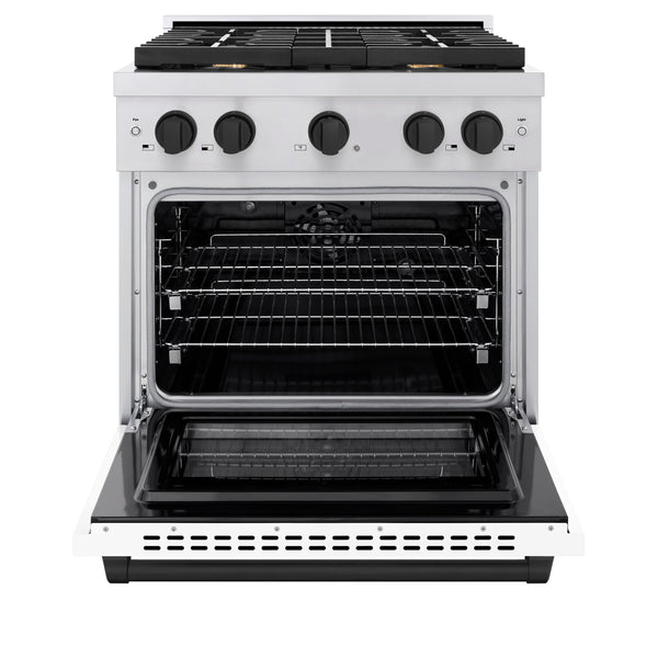 ZLINE Autograph Edition 30 in. 4.2 cu. ft. Paramount Dual Fuel Range with 4 Burner Gas Cooktop and Electric Convection Oven in Stainless Steel with White Matte Door and Matte Black Accents (SDRZ-WM-30-MB)