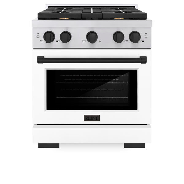 ZLINE Autograph Edition 30 in. 4.2 cu. ft. Paramount Dual Fuel Range with 4 Burner Gas Cooktop and Electric Convection Oven in Stainless Steel with White Matte Door and Matte Black Accents (SDRZ-WM-30-MB)