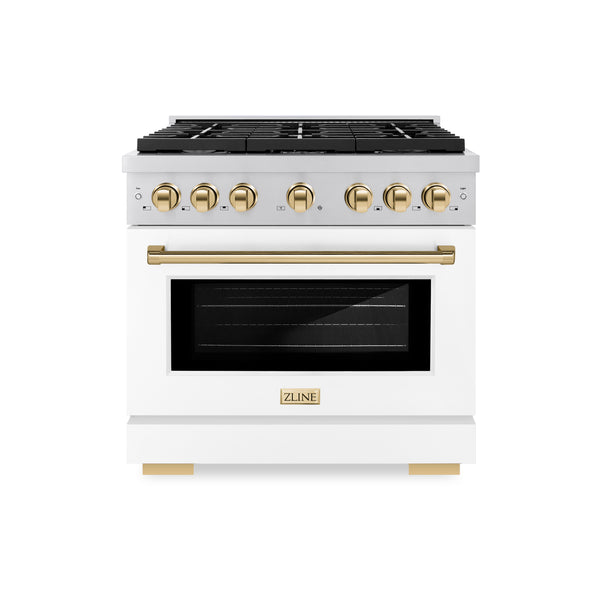 ZLINE Autograph Edition 36 in. 5.2 cu. ft. Paramount Dual Fuel Range with 6 Burner Gas Cooktop and Electric Convection Oven in Stainless Steel with White Matte Door and Polished Gold Accents, Open Box-Great Condition