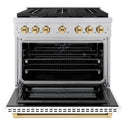 ZLINE Autograph Edition 36 in. 5.2 cu. ft. Paramount Dual Fuel Range with 6 Burner Gas Cooktop and Electric Convection Oven in Stainless Steel with White Matte Door and Polished Gold Accents, Open Box-Great Condition