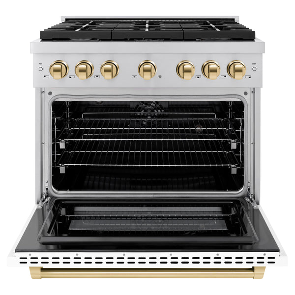 ZLINE Autograph Edition 36 in. 5.2 cu. ft. Paramount Dual Fuel Range with 6 Burner Gas Cooktop and Electric Convection Oven in Stainless Steel with White Matte Door and Polished Gold Accents, Open Box-Great Condition