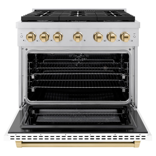ZLINE Autograph Edition 36 in. 5.2 cu. ft. Paramount Dual Fuel Range with 6 Burner Gas Cooktop and Electric Convection Oven in Stainless Steel with White Matte Door and Polished Gold Accents, Open Box-Good Condition