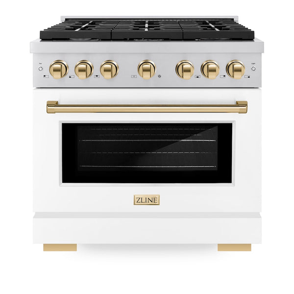 ZLINE Autograph Edition 36 in. 5.2 cu. ft. Paramount Dual Fuel Range with 6 Burner Gas Cooktop and Electric Convection Oven in Stainless Steel with White Matte Door and Polished Gold Accents, Open Box-Good Condition