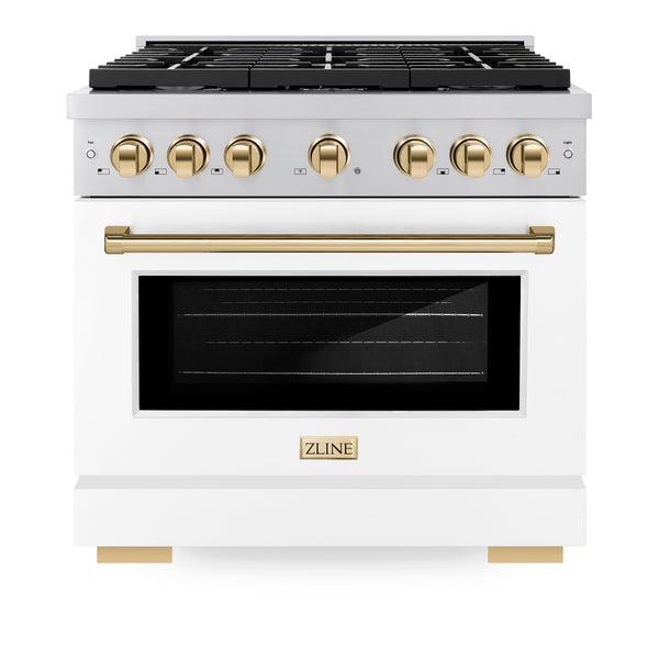 ZLINE Autograph Edition 36 in. 5.2 cu. ft. Paramount Dual Fuel Range with 6 Burner Gas Cooktop and Electric Convection Oven in Stainless Steel with White Matte Door and Polished Gold Accents, Open Box-Great Condition