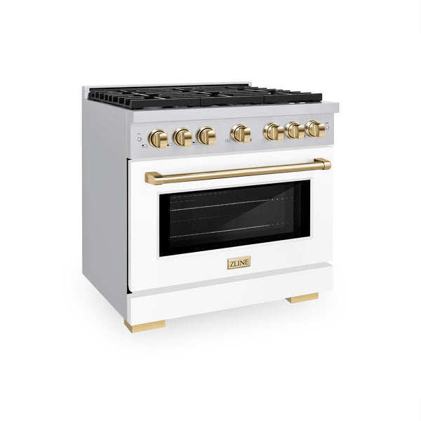 ZLINE Autograph Edition 36 in. 5.2 cu. ft. Paramount Dual Fuel Range with 6 Burner Gas Cooktop and Electric Convection Oven in Stainless Steel with White Matte Door and Polished Gold Accents (SDRZ-WM-36-G)