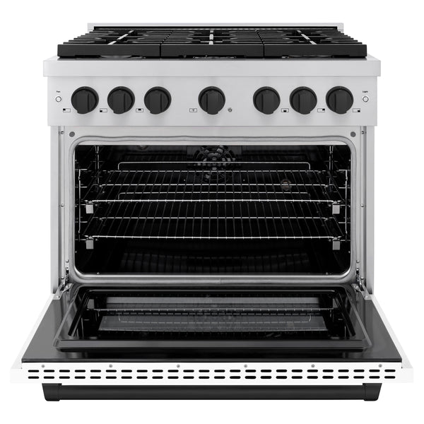 ZLINE Autograph Edition 36 in. 5.2 cu. ft. Paramount Dual Fuel Range with 6 Burner Gas Cooktop and Electric Convection Oven in Stainless Steel with White Matte Door and Matte Black Accents, Open Box-Great Condition