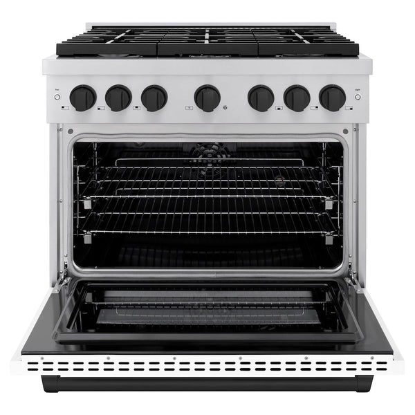 ZLINE Autograph Edition 36 in. 5.2 cu. ft. Paramount Dual Fuel Range with 6 Burner Gas Cooktop and Electric Convection Oven in Stainless Steel with White Matte Door and Matte Black Accents, Open Box-Good Condition