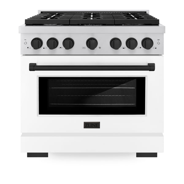 ZLINE Autograph Edition 36 in. 5.2 cu. ft. Paramount Dual Fuel Range with 6 Burner Gas Cooktop and Electric Convection Oven in Stainless Steel with White Matte Door and Matte Black Accents (SDRZ-WM-36-MB)