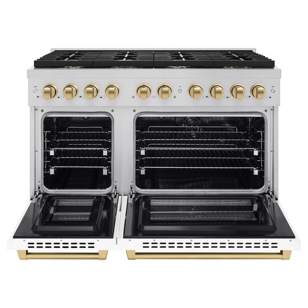 ZLINE Autograph Edition 48 in. 6.7 cu. ft. Paramount Double Oven Dual Fuel Range with 8 Burner Gas Cooktop in Stainless Steel with White Matte Doors and Champagne Bronze Accents, Open Box-Good Condition