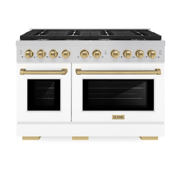 ZLINE Autograph Edition 48 in. 6.7 cu. ft. Paramount Double Oven Dual Fuel Range with 8 Burner Gas Cooktop in Stainless Steel with White Matte Doors and Champagne Bronze Accents, Open Box-Great Condition