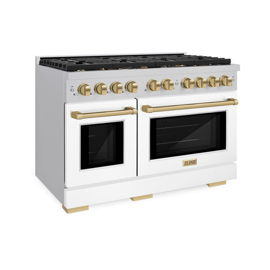 ZLINE Autograph Edition 48 in. 6.7 cu. ft. Paramount Double Oven Dual Fuel Range with 8 Burner Gas Cooktop in Stainless Steel with White Matte Doors and Champagne Bronze Accents, Open Box-Great Condition