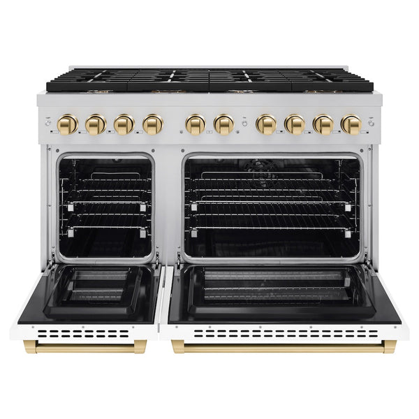 ZLINE Autograph Edition 48 in. 6.7 cu. ft. Paramount Double Oven Dual Fuel Range with 8 Burner Gas Cooktop in Stainless Steel with White Matte Doors and Polished Gold Accents, Open Box-Good Condition
