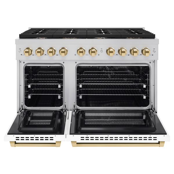 ZLINE Autograph Edition 48 in. 6.7 cu. ft. Paramount Double Oven Dual Fuel Range with 8 Burner Gas Cooktop in Stainless Steel with White Matte Doors and Polished Gold Accents, Open Box-Great Condition