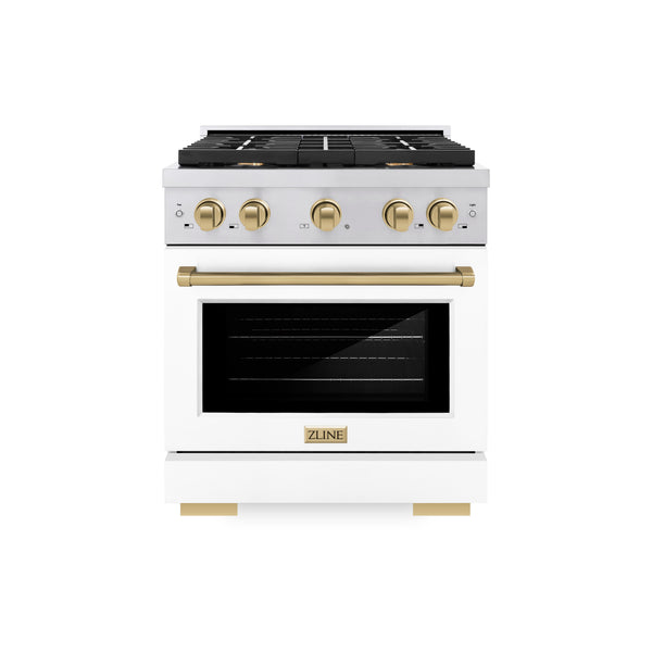 ZLINE Autograph Edition 30 in. 4.2 cu. ft. Paramount Gas Range with 4 Burner Cooktop and Convection Gas Oven in Stainless Steel with White Matte Door and Champagne Bronze Accents (SGRZ-WM-30-CB)