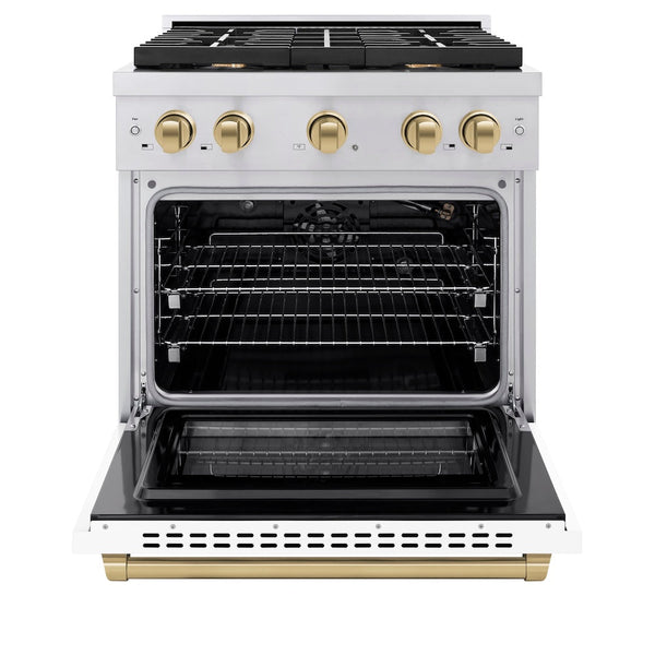 ZLINE Autograph Edition 30 in. 4.2 cu. ft. Paramount Gas Range with 4 Burner Cooktop and Convection Gas Oven in Stainless Steel with White Matte Door and Champagne Bronze Accents, Open Box-Good Condition
