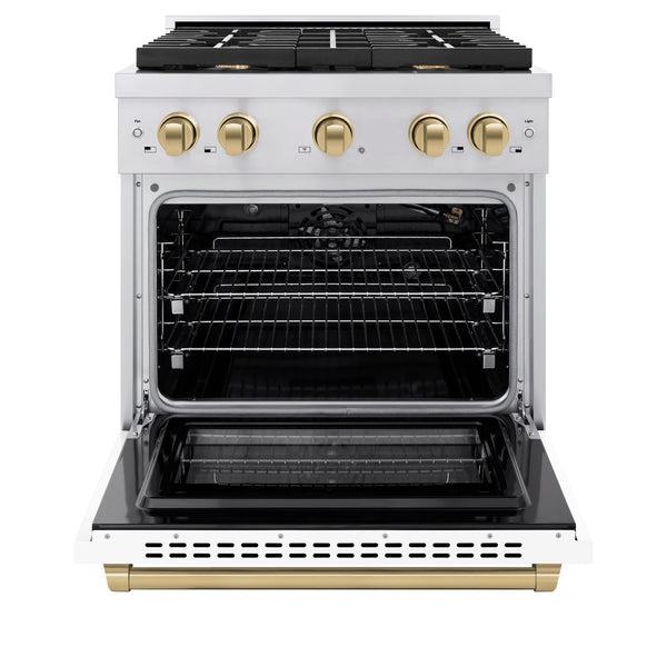 ZLINE Autograph Edition 30 in. 4.2 cu. ft. Paramount Gas Range with 4 Burner Cooktop and Convection Gas Oven in Stainless Steel with White Matte Door and Champagne Bronze Accents, Open Box-Great Condition