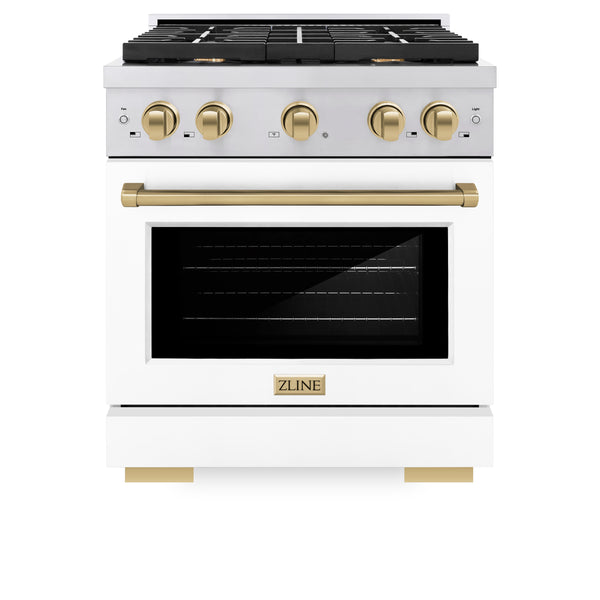 ZLINE Autograph Edition 30 in. 4.2 cu. ft. Paramount Gas Range with 4 Burner Cooktop and Convection Gas Oven in Stainless Steel with White Matte Door and Champagne Bronze Accents, Open Box-Great Condition