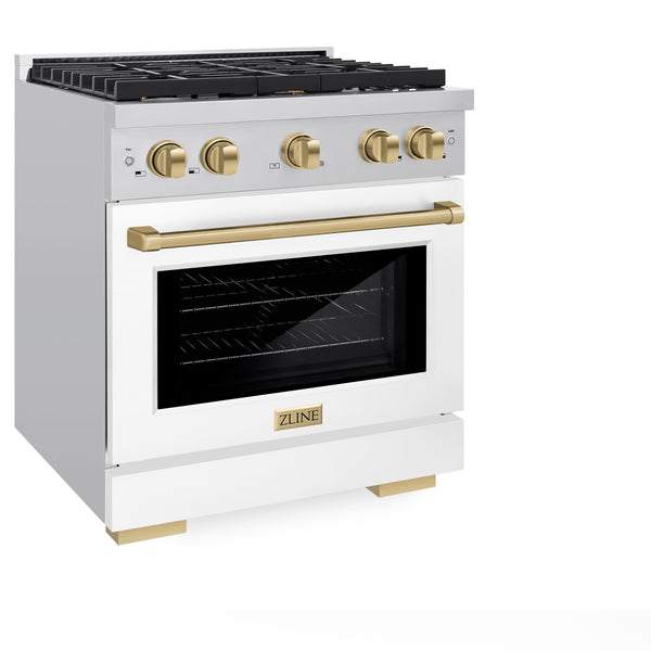 ZLINE Autograph Edition 30 in. 4.2 cu. ft. Paramount Gas Range with 4 Burner Cooktop and Convection Gas Oven in Stainless Steel with White Matte Door and Champagne Bronze Accents, Open Box-Great Condition