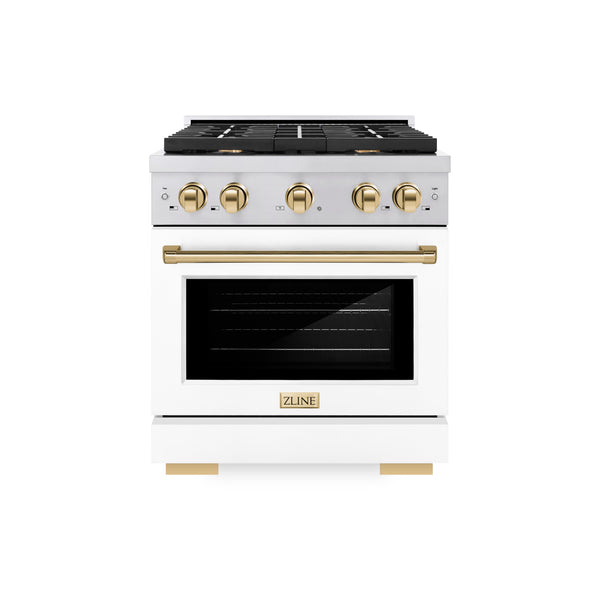 ZLINE Autograph Edition 30 in. 4.2 cu. ft. Paramount Gas Range with 4 Burner Cooktop and Convection Gas Oven in Stainless Steel with White Matte Door and Polished Gold Accents (SGRZ-WM-30-G)