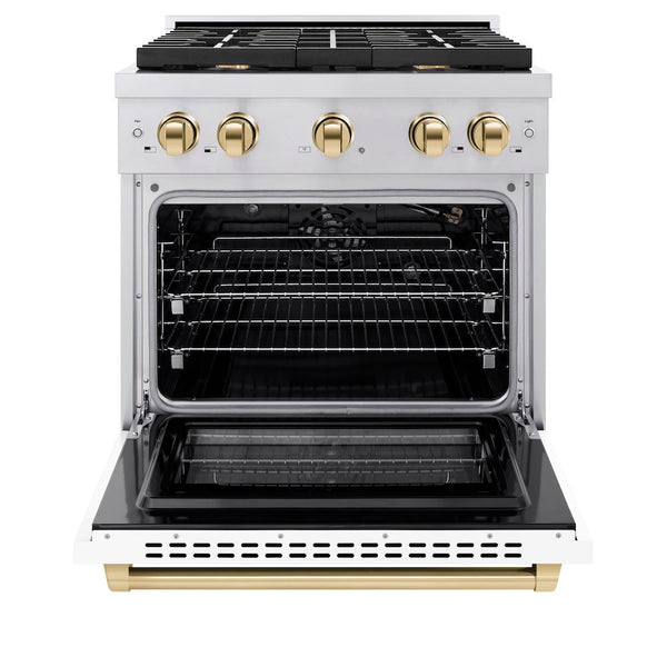 ZLINE Autograph Edition 30 in. 4.2 cu. ft. Paramount Gas Range with 4 Burner Cooktop and Convection Gas Oven in Stainless Steel with White Matte Door and Polished Gold Accents, Open Box-Good Condition
