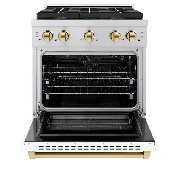 ZLINE Autograph Edition 30 in. 4.2 cu. ft. Paramount Gas Range with 4 Burner Cooktop and Convection Gas Oven in Stainless Steel with White Matte Door and Polished Gold Accents (SGRZ-WM-30-G)