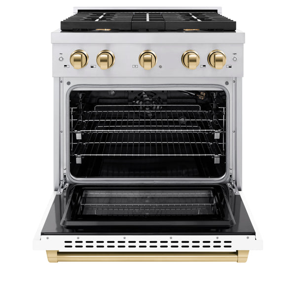 ZLINE Autograph Edition 30 in. 4.2 cu. ft. Paramount Gas Range with 4 Burner Cooktop and Convection Gas Oven in Stainless Steel with White Matte Door and Polished Gold Accents, Open Box-Great Condition
